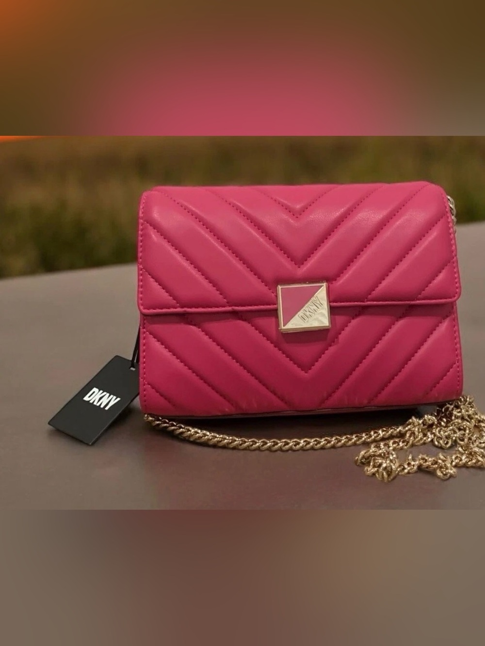 DKNY Devon Clutch Quilt Pink Gold Toned Chain Crossbody Bag - Picture 3 of 10